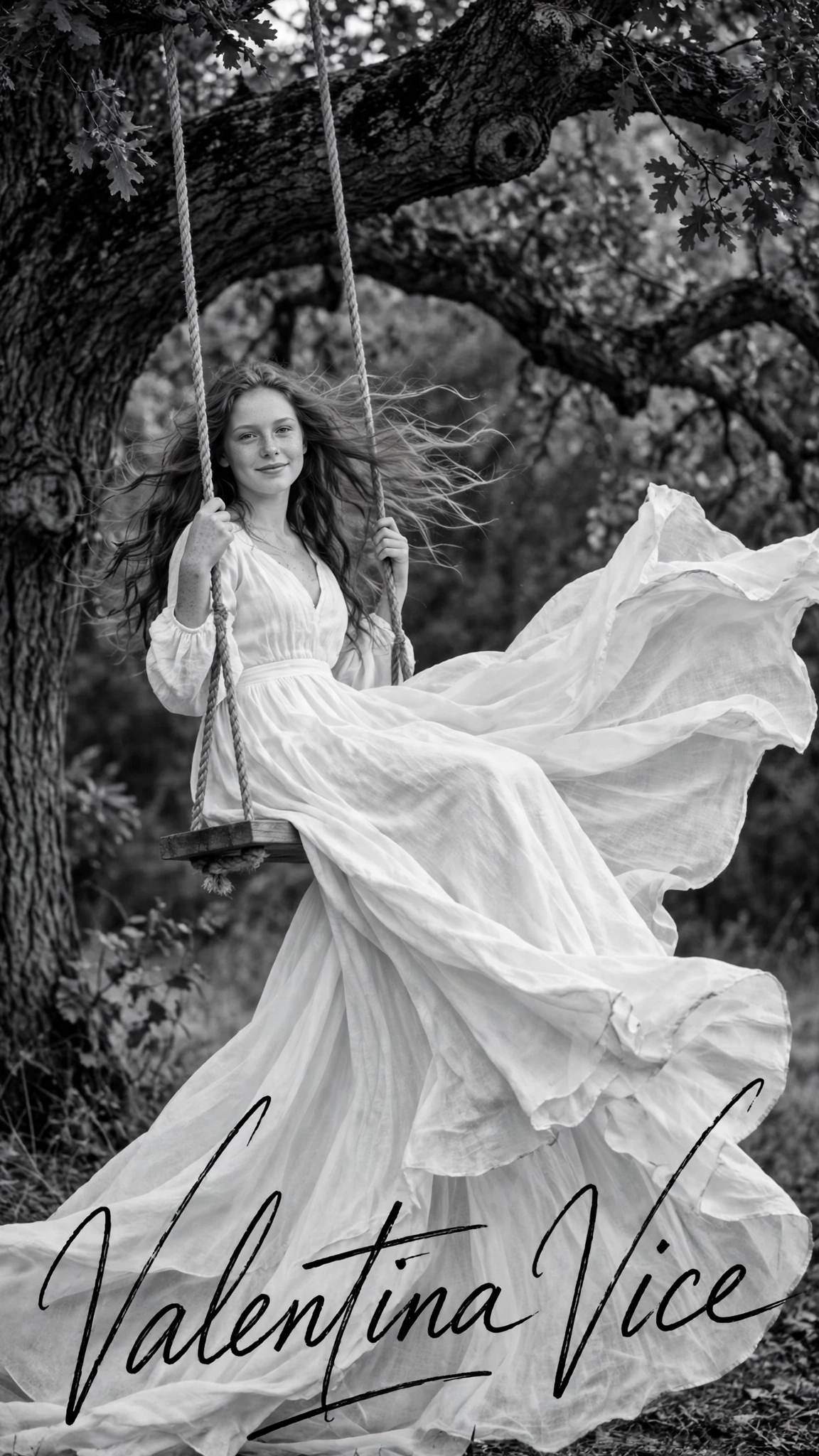 The Swing — Valentina Vice in a long white dress on a rope swing under a great oak, black and white, the dress flying in the wind, signed Valentina Vice